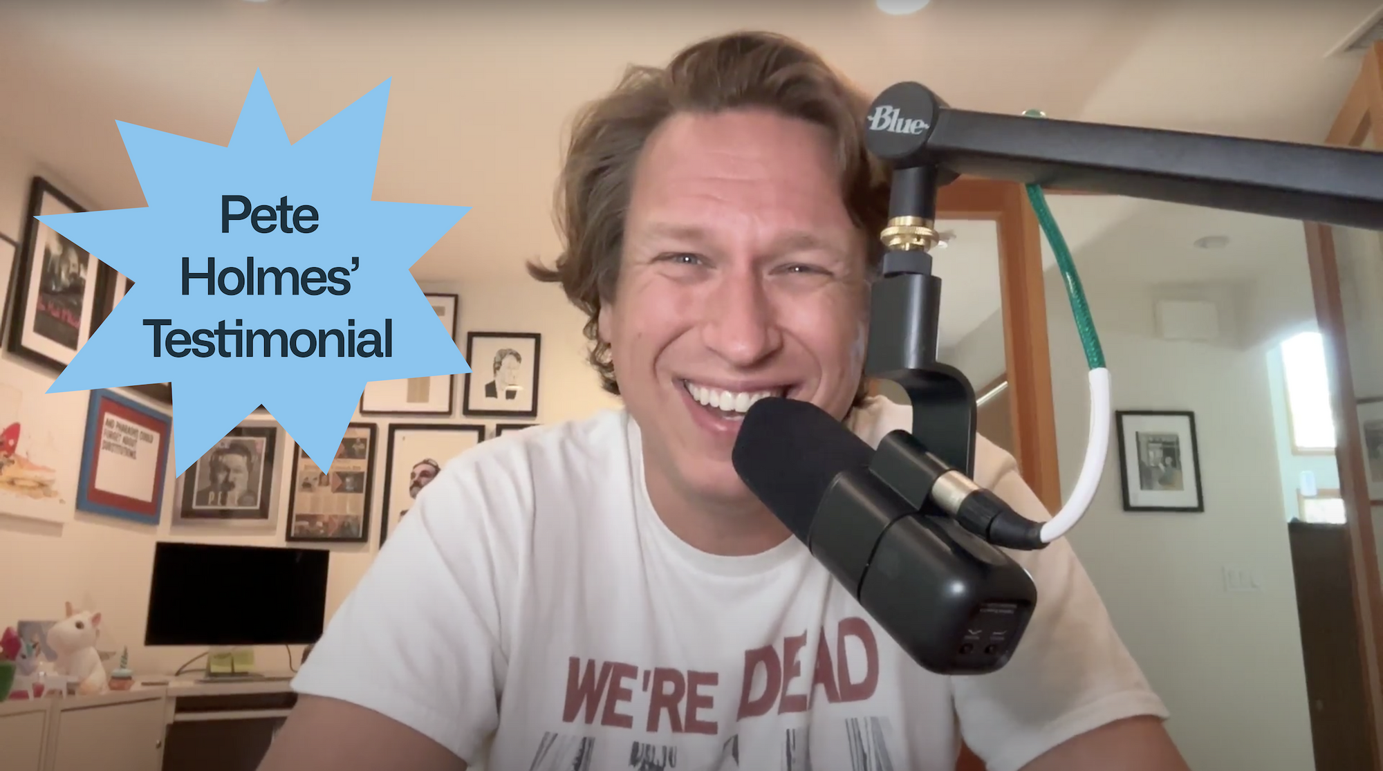 Pete Holmes smiling while giving a testimonial, with text: 'Pete Holmes’ Testimonial'