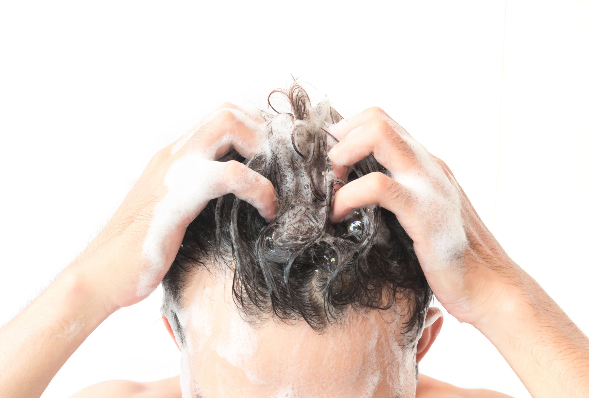 Person massaging shampoo into wet hair, fingers working sudsy lather on the scalp