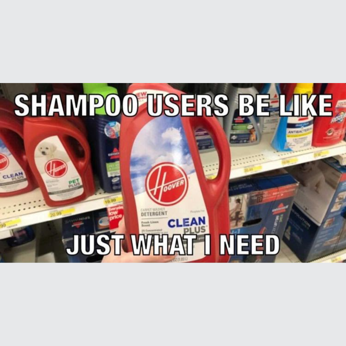 Meme showing a large red Hoover Clean Plus detergent bottle with text 'SHAMPOO USERS BE LIKE JUST WHAT I NEED' as banner of the page.