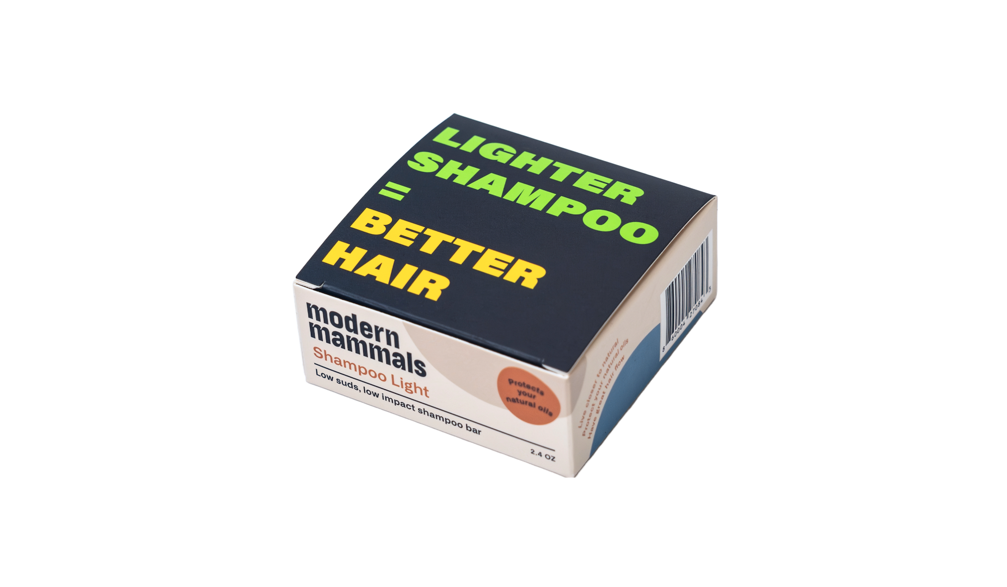 Top-front view of Shampoo Light bar box showing headline 'LIGHTER SHAMPOO = BETTER HAIR' on dark lid and beige sides