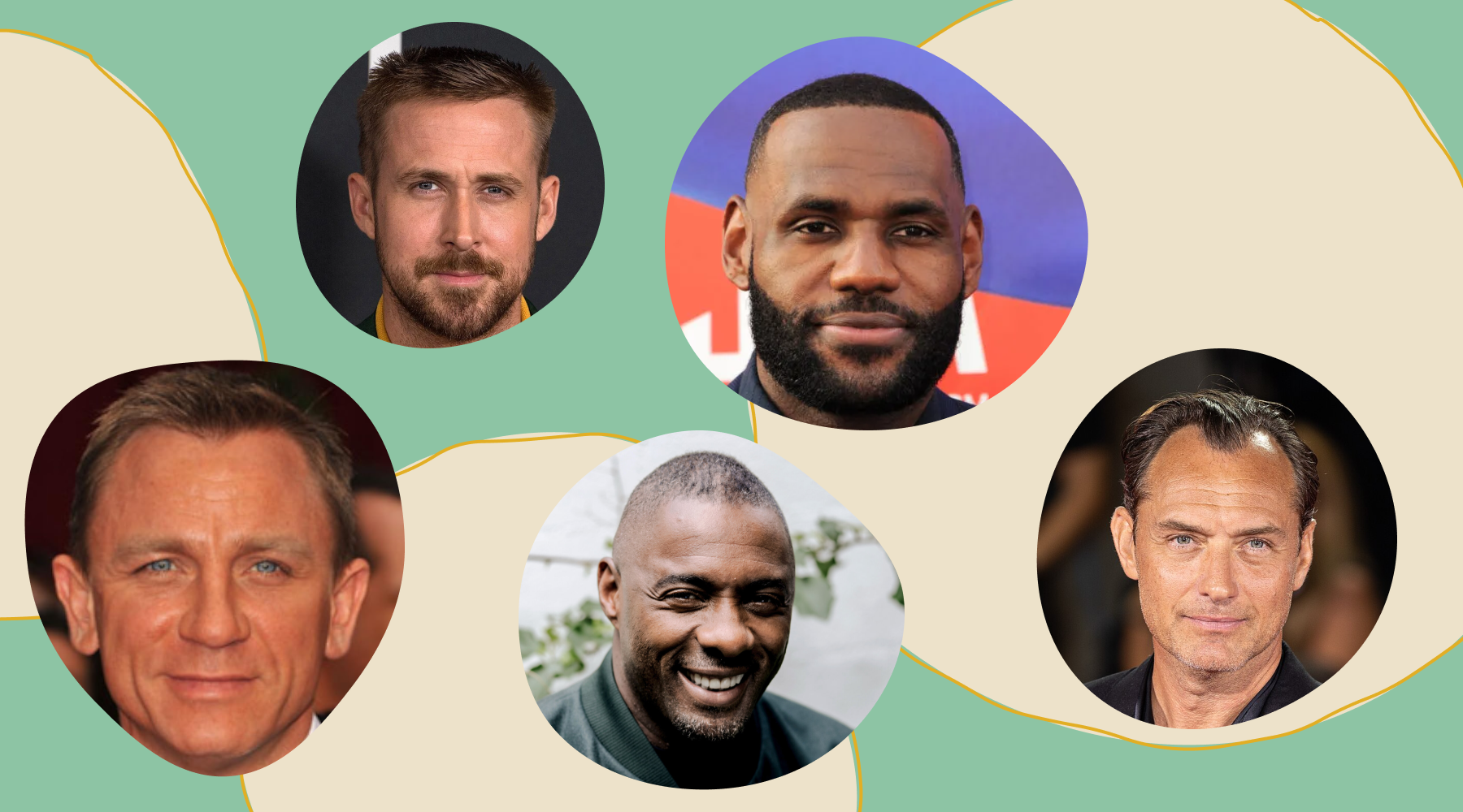 Collage of five headshot cutouts showing famous men with varying receding hairlines against a pastel abstract background as banner of the page.