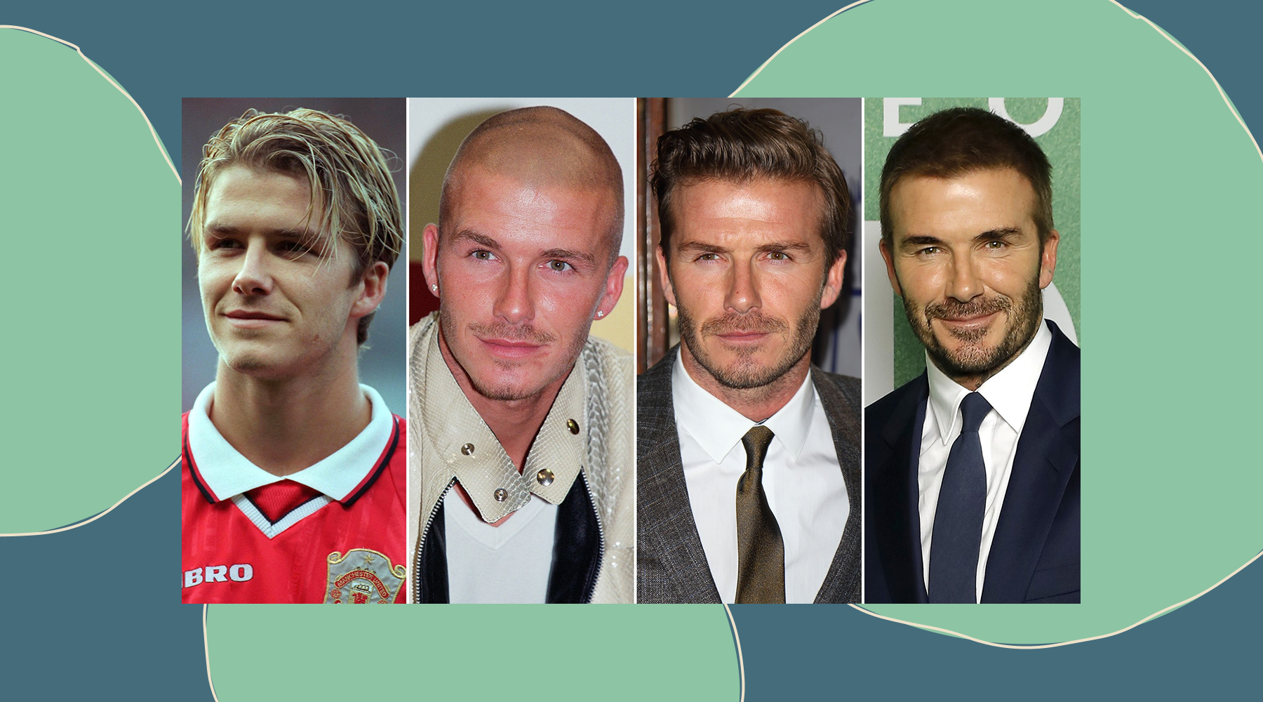 Four side-by-side portraits of the same man showing four hairstyles: long 1990s hair, shaved head, textured short hair, and short hair with trimmed beard