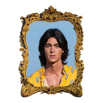 Young man posing in a yellow patterned shirt inside an ornate gold frame with a blue sky background