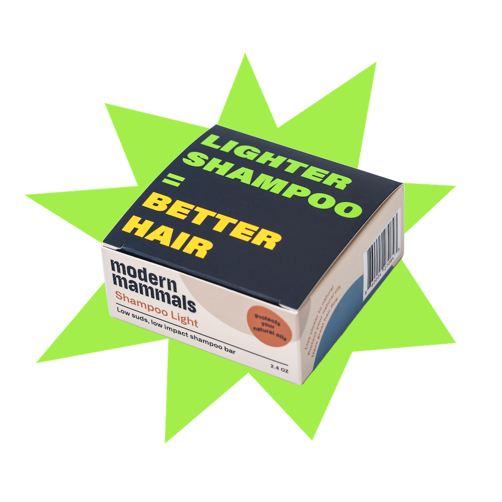 Modern Mammals Shampoo Light box with text: 'Lighter Shampoo = Better Hair'.