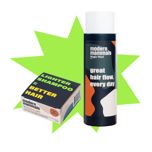 Angled view of Starter Bundle with Shampoo Light box reading ‘Lighter shampoo’ and Magic Mud bottle on green starburst