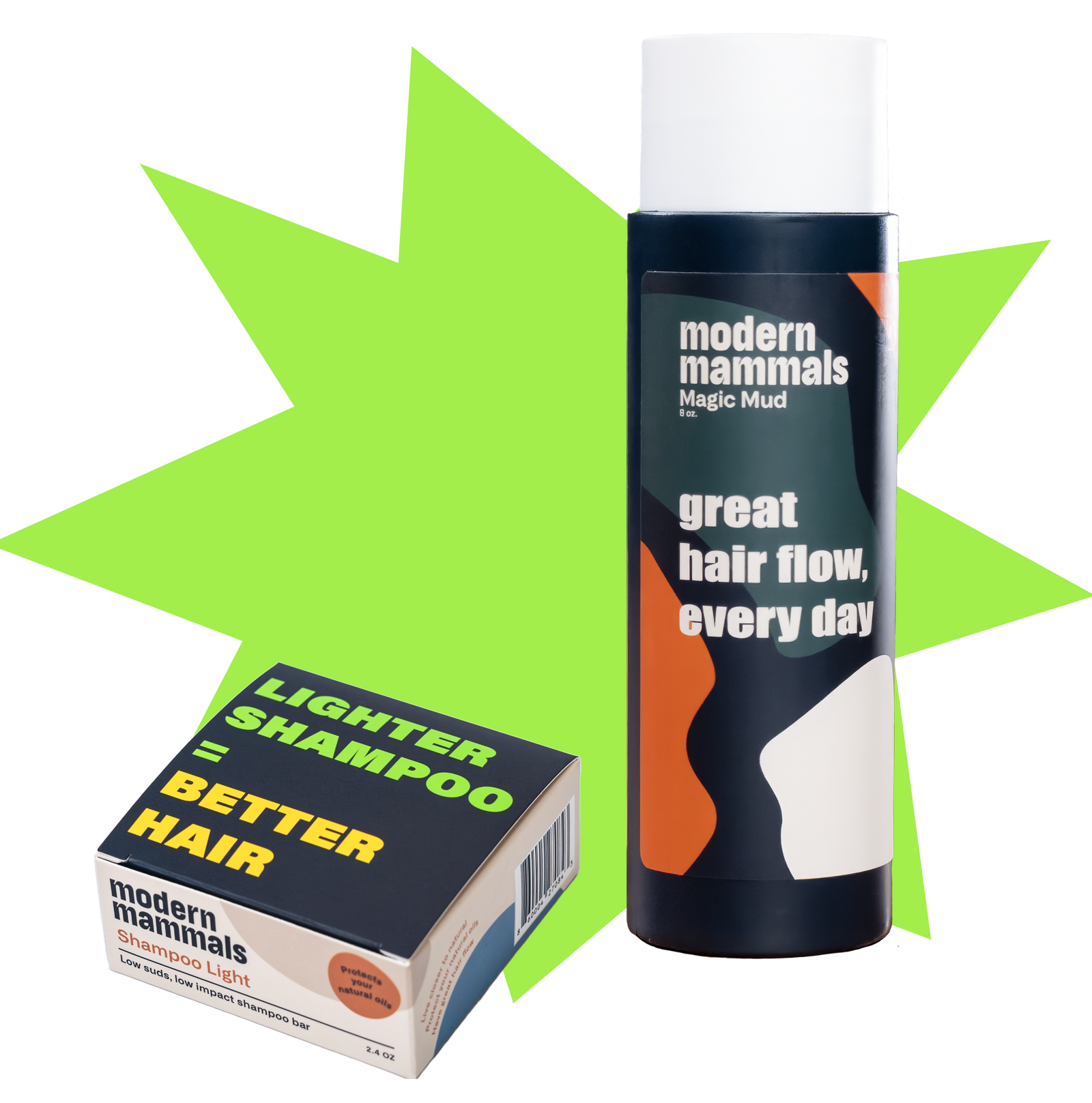 Modern Mammals Magic Mud bottle and Shampoo Light box with 'LIGHTER SHAMPOO = BETTER HAIR' and 'great hair flow, every day'.