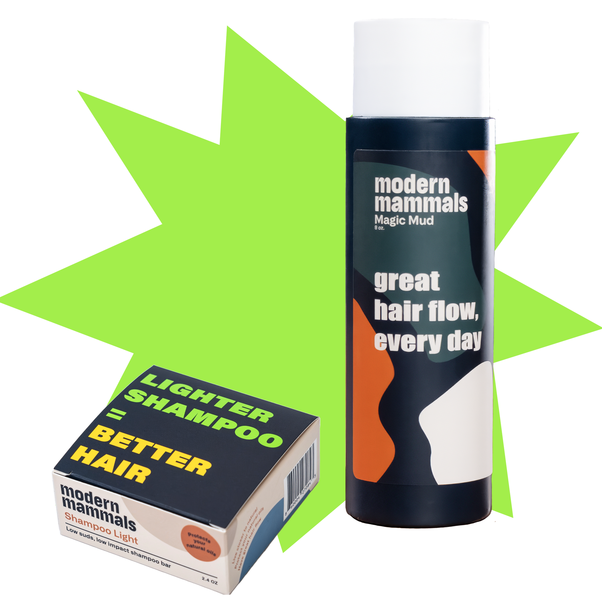 Modern Mammals Magic Mud bottle and Shampoo Light box with 'LIGHTER SHAMPOO = BETTER HAIR' and 'great hair flow, every day'.