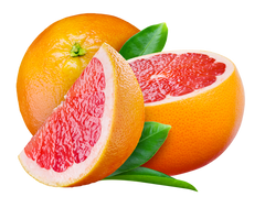 Three-quarter view of grapefruit halves and a whole grapefruit showcasing pink flesh and green leaves with white background