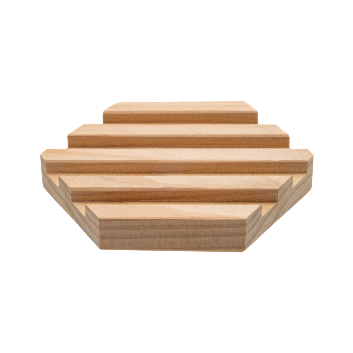 Front view of Bar Shower Tray showcasing stepped slatted cedar wood design on white background