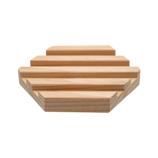 Front view of Bar Shower Tray showcasing stepped slatted cedar wood design on white background